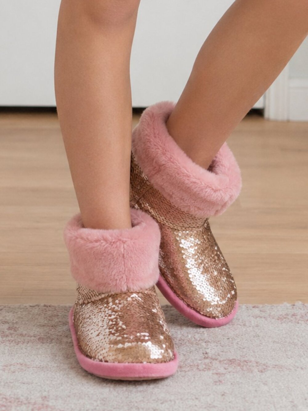 Girls Pink Booties with Gold Sequins, Warm Sparkly Slippers, Great Gift NWT
